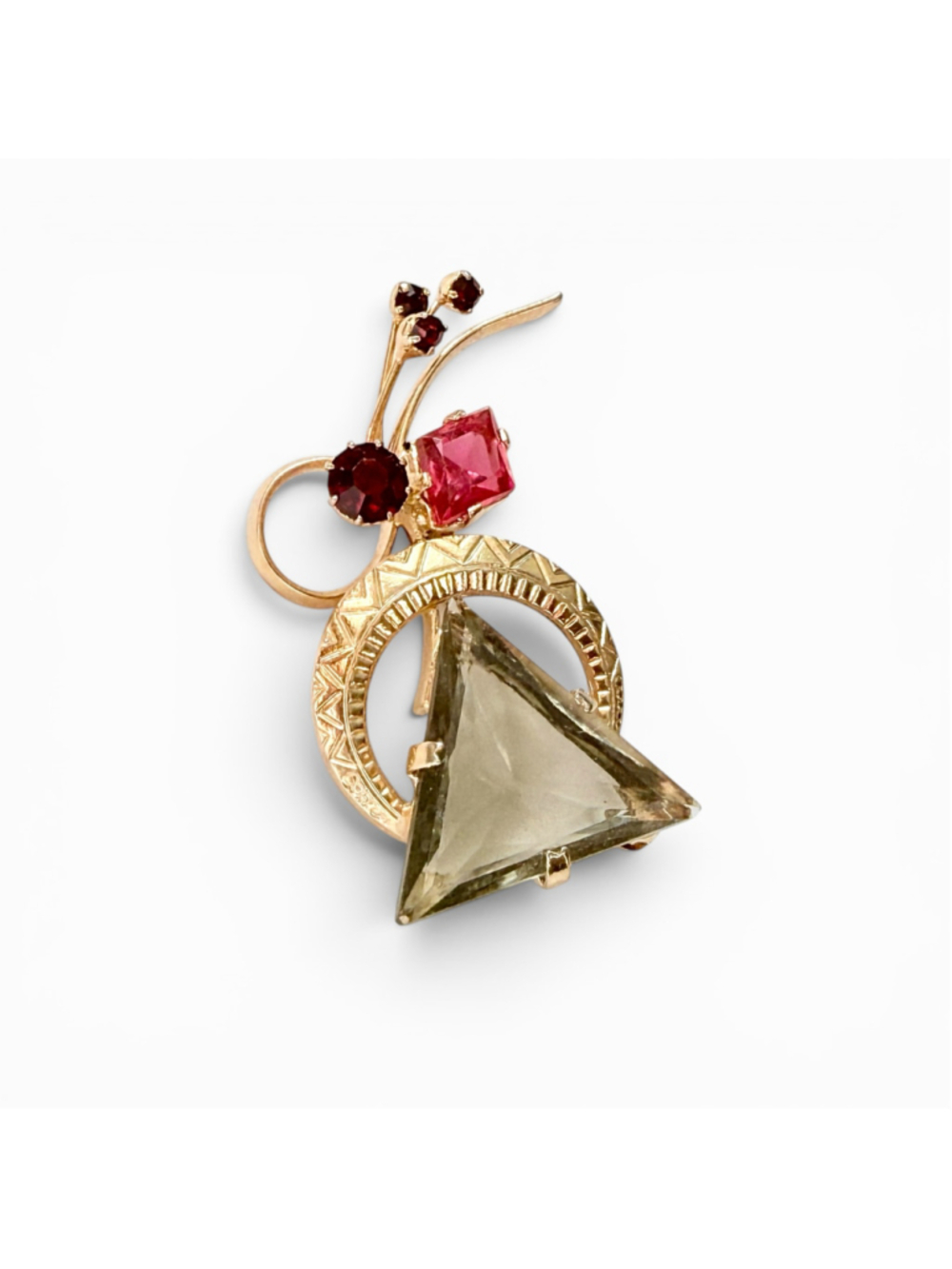Vintage Austrian Brooch 1940s, Large Smoky Gray Glass Rhinestone Pin, Pink Ruby - Picture 5 of 8